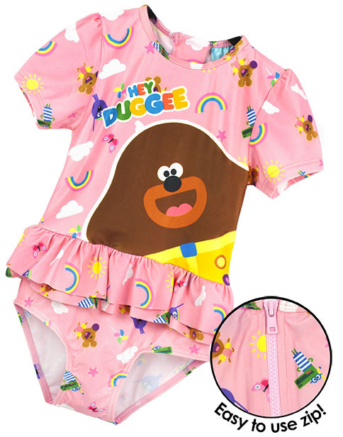 85% POLYESTER & 15% ELASTANE HEY DUGGEE SWIMMING COSTUME FOR GIRLS - The Hey Duggee costume is made from mixed materials for a light, stretchy and comfortable feel perfect for kids summer holidays - especially for kids pool parties, surfing, swimming to sand castle building!