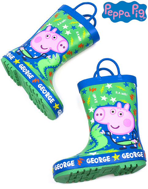 PEPPA PIG GEORGE PIG & DINOSAUR WELLIES - Our adorable George Pig wellies for boys & girls is the perfect way for your little Peppa Pig TV show lovers to have fun on their snow, rain or muddy adventures whilst keeping their feet warm and dry. The blue and green George Pig wellington boots are a great idea as a birthday present and are suitable for children from UK kids sizes 4 UK to 10 UK!