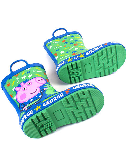 100% RUBBER PEPPA PIG GEORGE PIG WELLIES - These green and blue George Pig and Dinosaur wellies are made from rubber making them super cosy and water resistant. Perfect for keeping your little one’s feet dry whilst having fun snowball fights and snowman building.