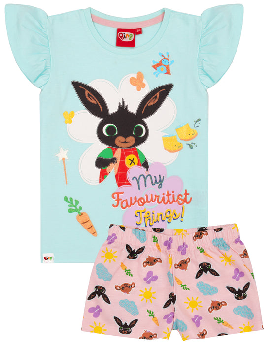 BING BUNNY T SHIRT & SHORTS PYJAMAS - Our Bing pyjamas for kids is perfect for them little girls, who love watching their favourite series, Bing Bunny! The girls glitter pink and blue pyjamas are a great idea as a birthday present or for any special occasion and are suitable for children from sizes 18-24 months to 4-5 years.