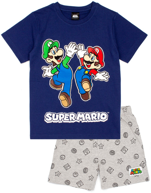 Super Mario pj set for boys includes a top and short bottoms that are available in two different colour options, red or blue making an awesome Super Mario gift for gamers.
