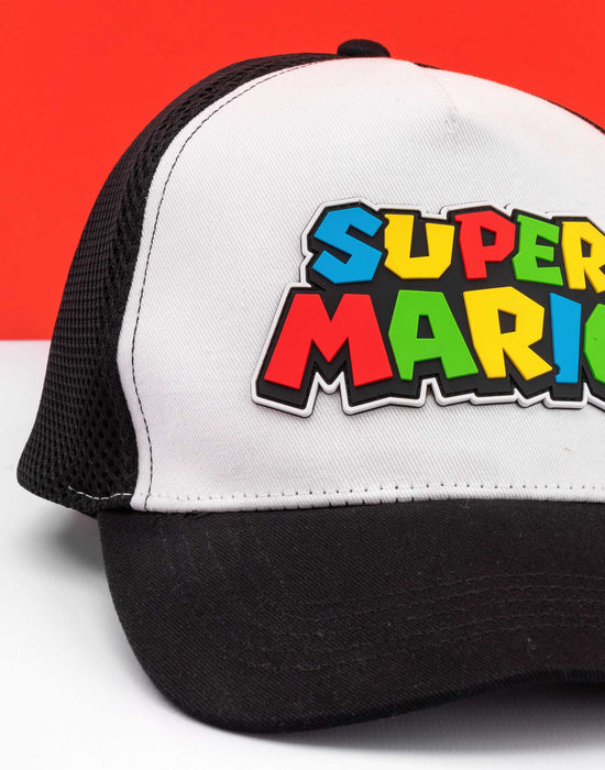  The boys and girls Super Mario hat comes in black and white contrasting against the popular video games logo, Super Mario. The awesome Super Mario cap for kids is great quality and is fantastic to wear out on summer days!