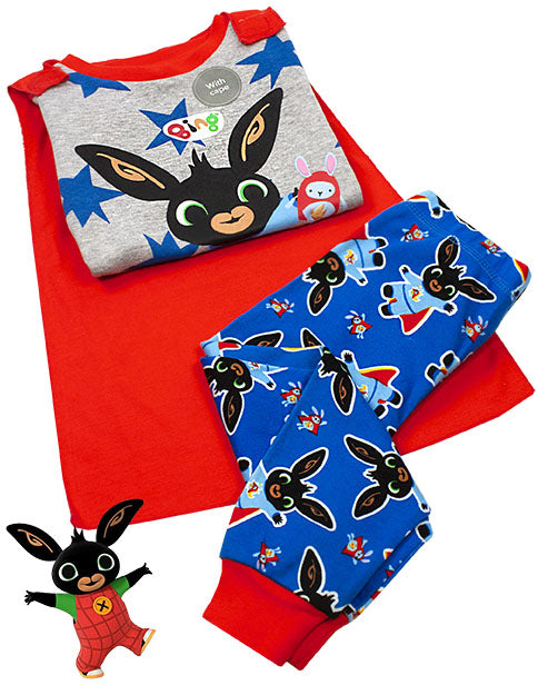 BING BUNNY PYJAMAS WITH RED CAPE FOR BOYS - Our Bing pyjamas for kids is perfect for them little boys and girls, who love watching their favourite series, Bing Bunny! The boys Bing Bunny pajamas with a cool hero cape are a great idea as a Cbeebies birthday present or for any special occasion and are suitable for children from sizes 12-24 months to 6-7 years.