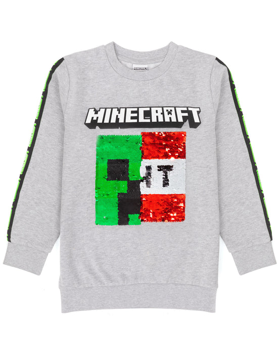 Minecraft Kids Sweatshirt Flip Sequin Green Creeper and Red TNT Jumper - Grey