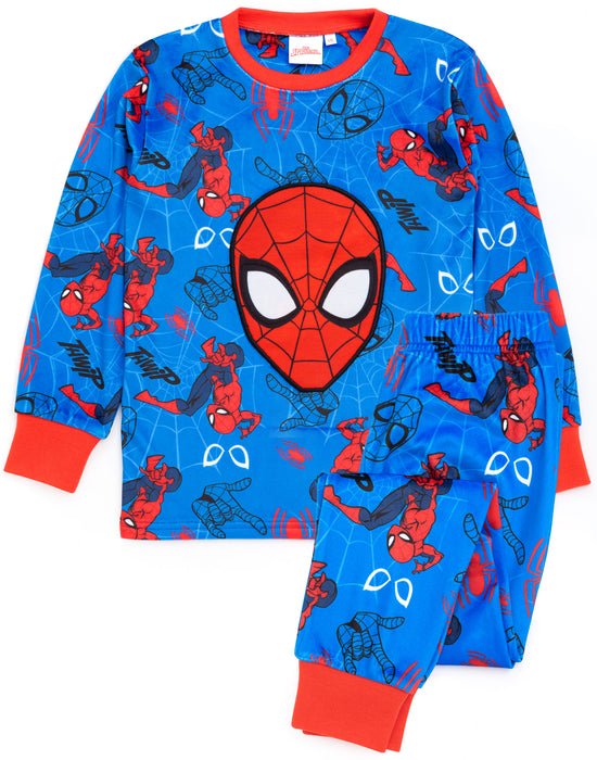 Marvel Spider-Man Pyjamas For Boys | Kids Superhero Blue Red Character All Over Print Fleece T-Shirt Trousers Pjs | Comics Clothing Gift