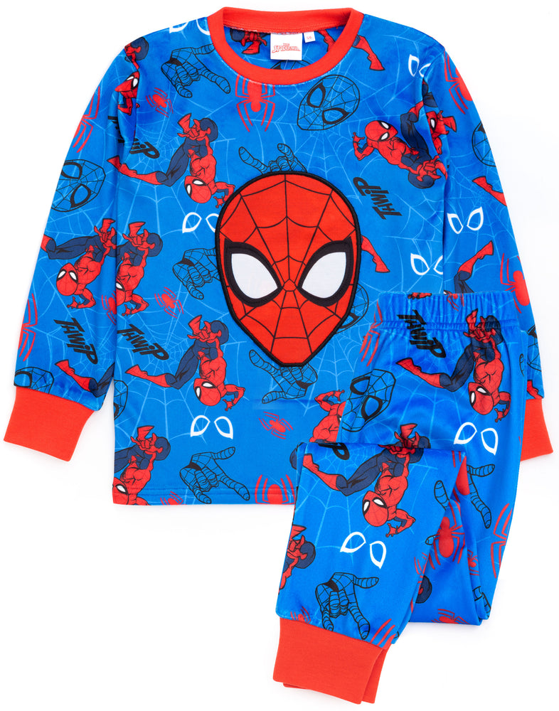 Marvel Spider-Man Pyjamas For Boys | Kids Superhero Blue Red Character All Over Print Fleece T-Shirt Trousers Pjs | Comics Clothing Gift