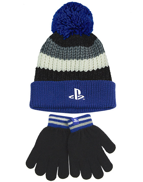 PlayStation Kids Bobble Hat & Gloves Set | Blue Grey Knitted Beanie Gamer Gift For Boys & Girls | Children Game Merchandise One Size Winter Hat