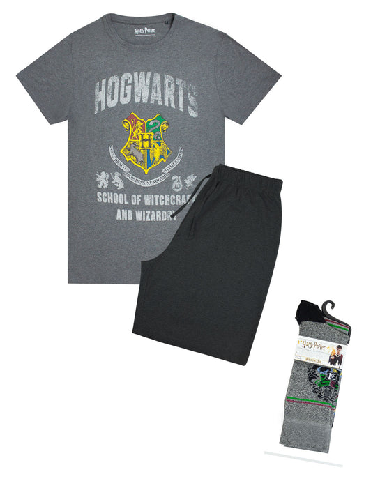 Harry Potter Hogwarts Crest Men's Lounge Shorts Set and Socks Gift Bundle