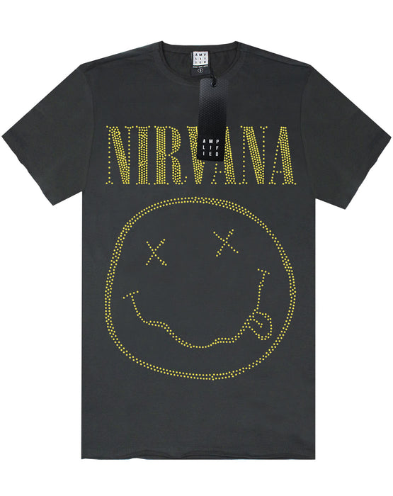 Amplified Nirvana Smiley Logo Diamante Men's Charcoal T-Shirt