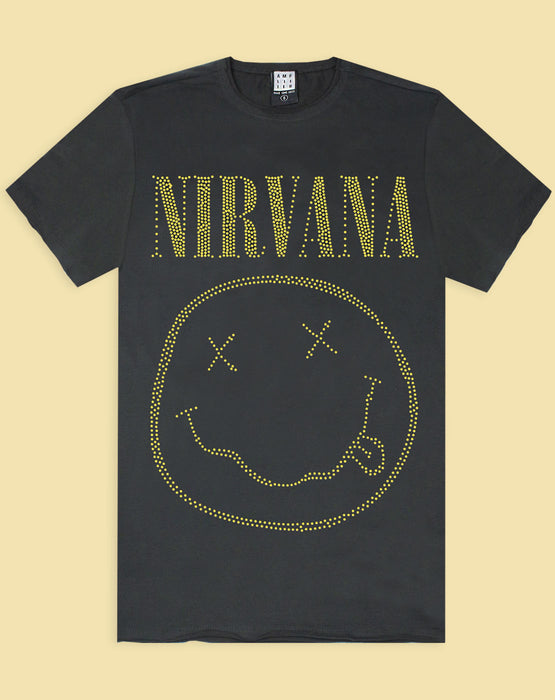 Amplified Nirvana Smiley Logo Diamante Men's Charcoal T-Shirt