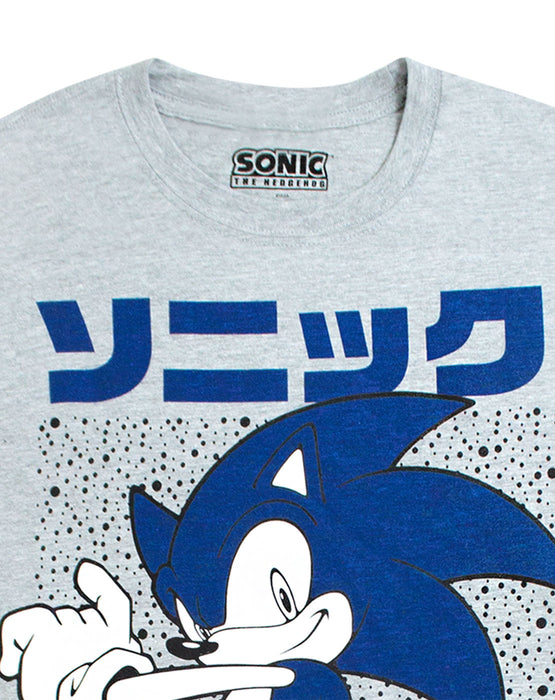  - Featuring Sonic the Hedgehog with a Japanese style print behind him on the front of the grey short sleeve tee.