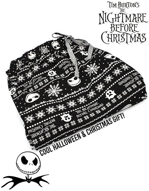 Featuring the much-loved character, Jack Skellington the Pumpkin King from Halloween Town in an all-over white print style surrounded by snowflakes, Christmas patterns and ghosts contrasting against the black men’s bottoms.