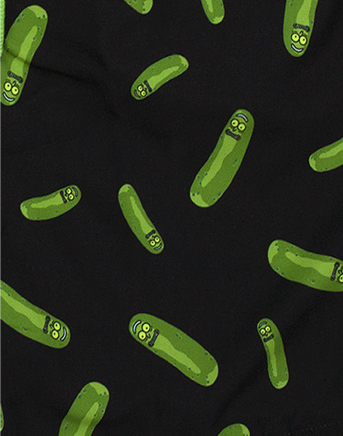 FUNNY PICKLE RICK ALLOVER PRINT DESIGN - these black unisex swim shorts feature the favourite character Pickle Rick in a fun overall print. The swim shorts are adjustable in waist with a white drawstring.