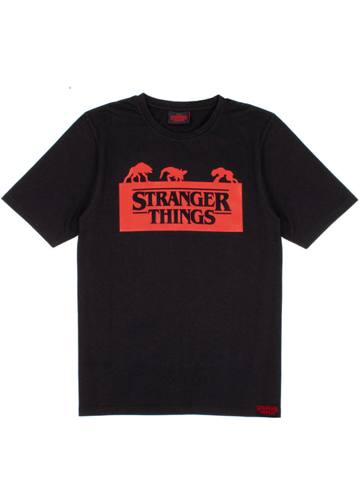 BLACK STRANGER THINGS LOGO TOP & UPSIDE DOWN MONSTERS BOTTOMS - The Stranger Things pyjama top comes in black with a cool red Stranger Things logo that features a silhouette of the Demodog and D’Artagnan monsters. The grey bottoms come with an all over print featuring the popular Monsters making an awesome must have gift for Stranger Things fans!