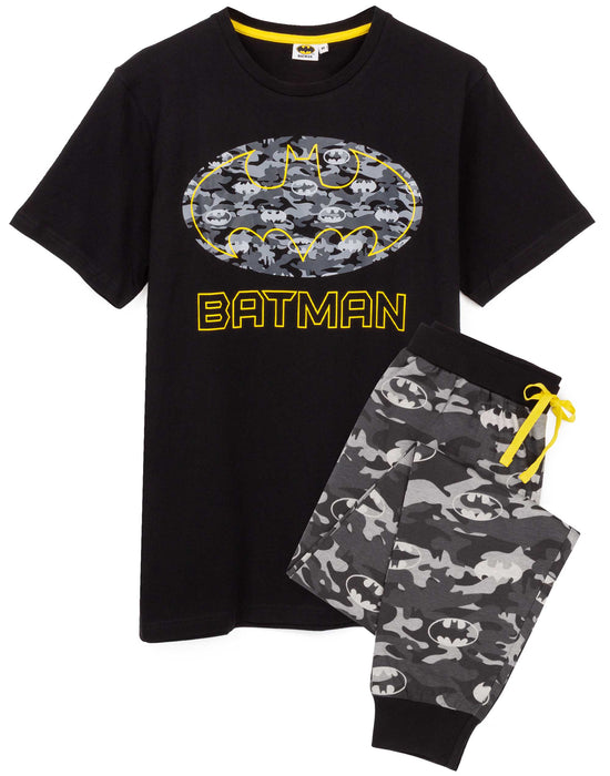 Batman Mens Pyjamas T-shirt With Camo Short OR Long Bottom Set - Black