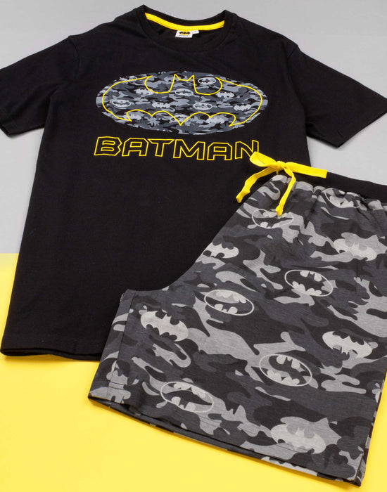  The DC Comics top features the Batman logo composed on a camo print matched perfectly with camo long or short length trousers making the perfect outfit for lounging, attending Comic Con events or costume parties.