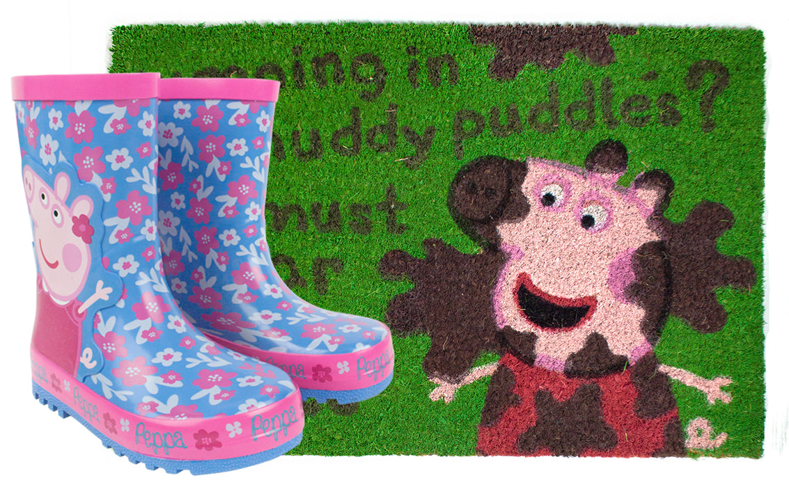 Peppa Pig Muddy Puddles Wellies and Door Mat Gift Set Bundle