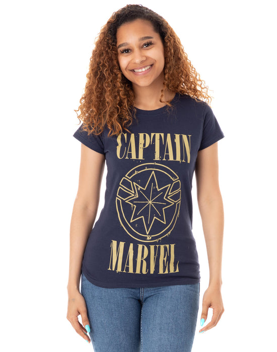 Marvel Captain Marvel Print And Shield Womens Navy T-Shirt