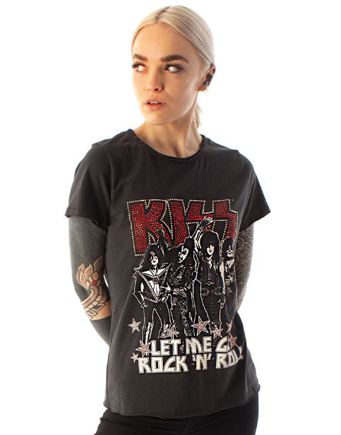 Amplified Kiss Let Me Go Rock 'N' Roll Diamante Women's Charcoal Cotton T-Shirt