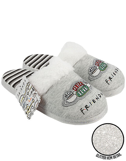  - Grey super soft and slip on mule design with hard sole and fur trim. Perfect for any Friends fans, featuring the logo for the iconic Central Perk coffee shop and F.R.I.E.N.D.S on the front.