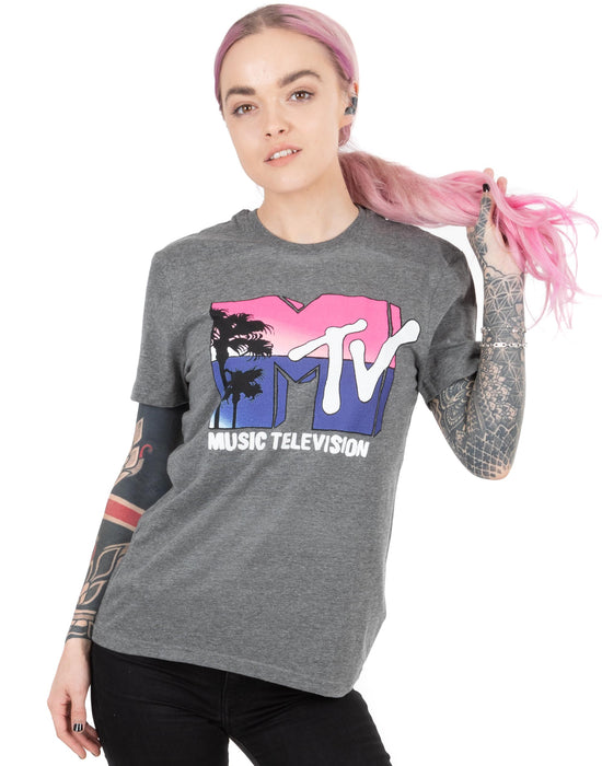 MTV T-Shirt For Women Music Television Palm Tree Logo Gift Ladies Grey Top