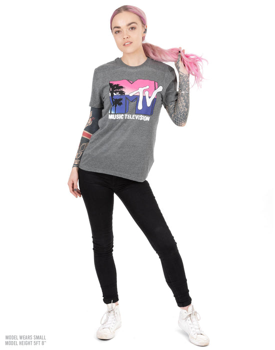 MTV T-Shirt For Women Music Television Palm Tree Logo Gift Ladies Grey Top