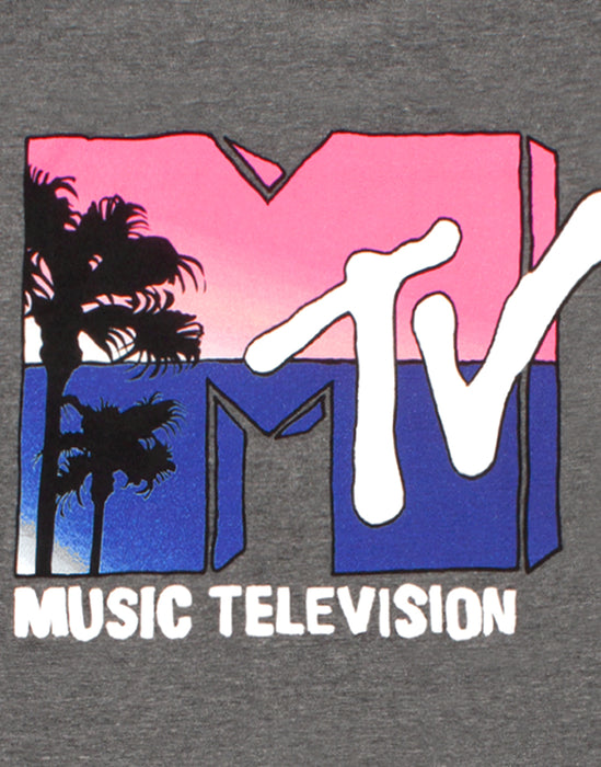 PALM TREE MTV MUSIC TELEVISION LOGO GRAPHIC PRINT - MTV logo shirt for ladies features a vibrant print of the popular music channels sunset palm tree logo, the Music Television cable channel contrasted on a grey marl t-shirt making an awesome MTV gift for Christmas, Birthdays, Concerts & special occasions.