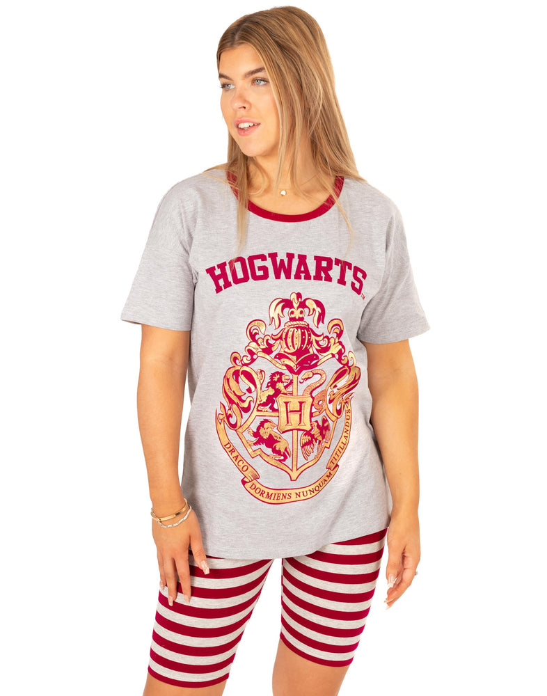 Harry Potter Ladies Pyjamas - Hogwarts T-shirt & Cycling Short Pyjama Set - Grey