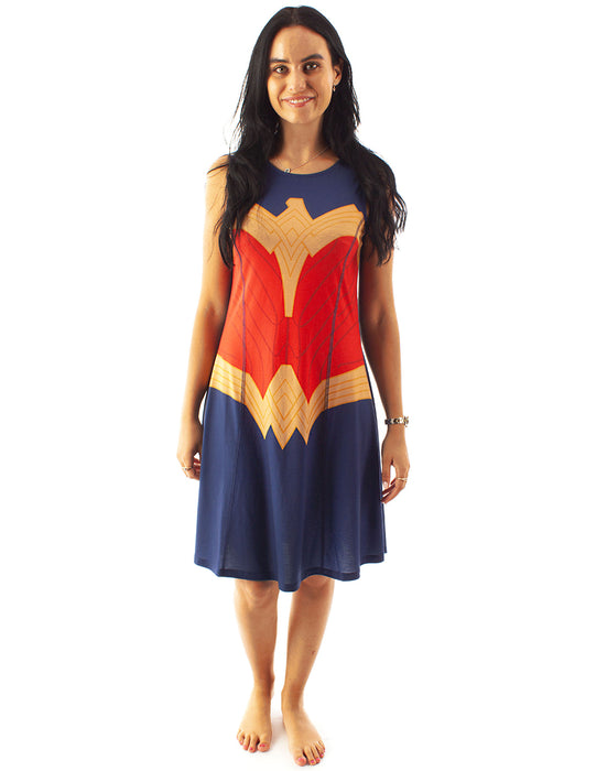 RETRO RED OR 1984 BLUE WONDER WOMAN COSPLAY DRESS - The traditional superhero dress comes in red and a vibrant blue with white stars and the Wonder Woman trademark in gold. Whilst the blue dress as seen in the 2020 Wonder Woman 1984 movie comes with gold and red armour detailed on the dress making a must have hero gift for ladies!