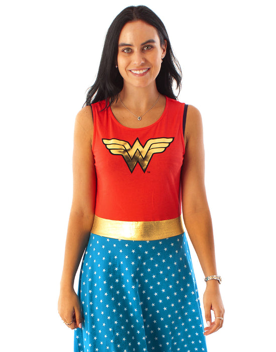 RED OR BLUE WONDER WOMAN COSTUME DRESS FOR WOMEN - Our ladies DC Comics Wonder Woman skater dress is available in a blue or red style and comes sleeveless with a scoop neck and a flared skirt that reaches roughly knee length; it is the perfect superhero gift for all fans of Wonder Woman!