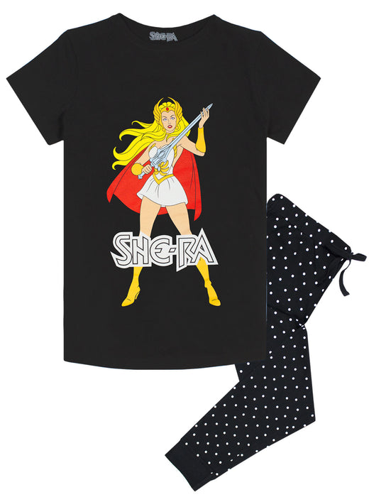 She-Ra Pyjamas Womens | Princess of Power MOTU Ladies Top & Trousers PJs Set | Superhero Black Tee & Dotty Long Cuffed Bottoms Gift