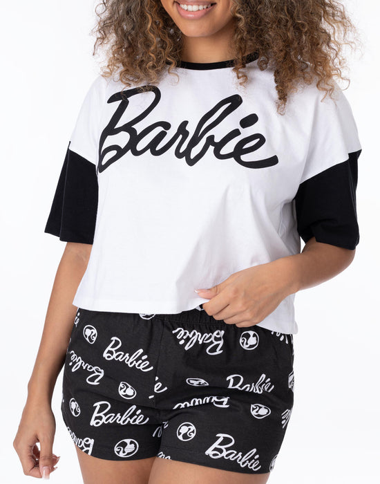 Barbie Womens Pyjamas White Crop T-Shirt Black Shorts Pjs Set