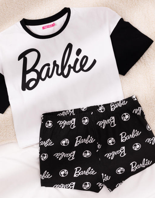 Barbie Womens Pyjamas White Crop T-Shirt Black Shorts Pjs Set