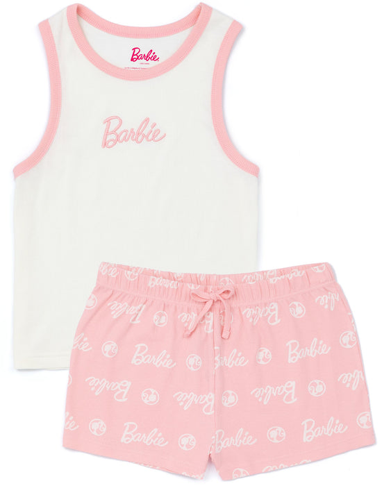 Barbie Womens White Vest T-Shirt Pink Shorts Pyjamas