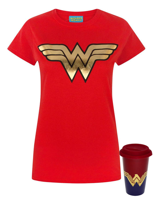 Wonder Woman Logo Women's T-Shirt and Travel Mug Gift Set Bundle