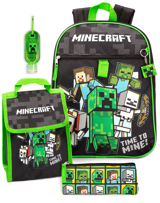 Minecraft 5 Piece School Set Backpack & Lunch Box For Kids - Black