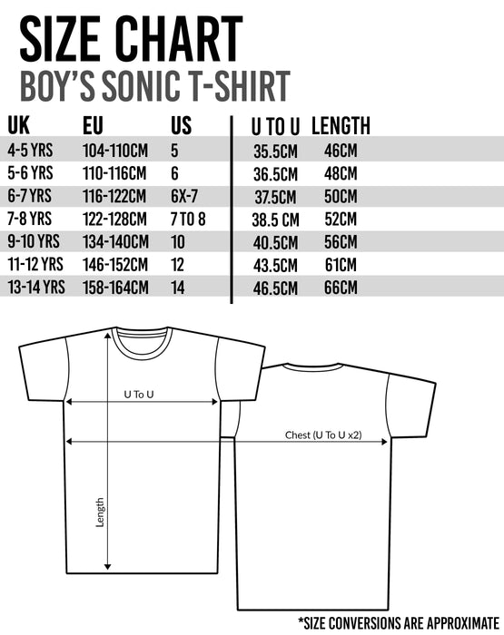 The Sonic kids top comes in sizes; 4-5 years, 5-6 years, 6-7 years, 7-8 years, 9-10 years, 11-12 years and 13-14 years. It comes in a regular boy’s fit and is made for ultimate comfort for Sonic The Hedgehog everyday adventures and gaming with character friends Knuckle, Tails, Amy Rose, Doctor Eggman & more!