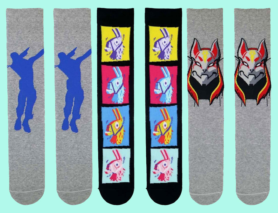 Fortnite 3 Pair of Boys/Men's Socks (Dabbing Dancer, Llama Loot, Drift Cat)