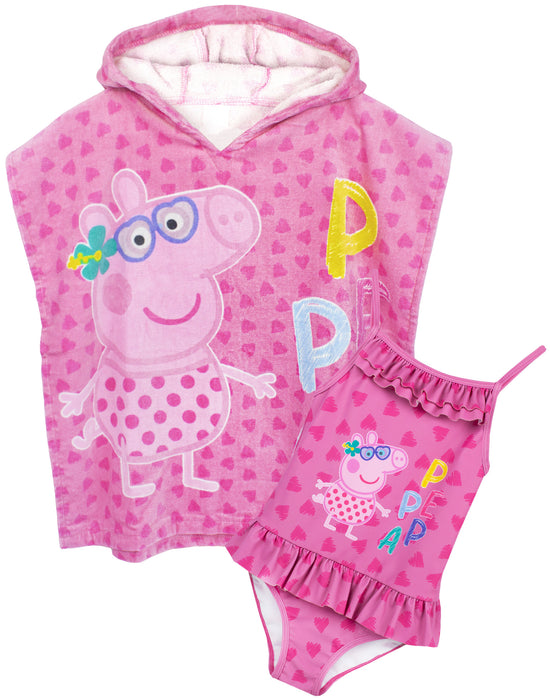 Peppa Pig Girls Swimsuit Hooded Towel Poncho Set — Vanilla